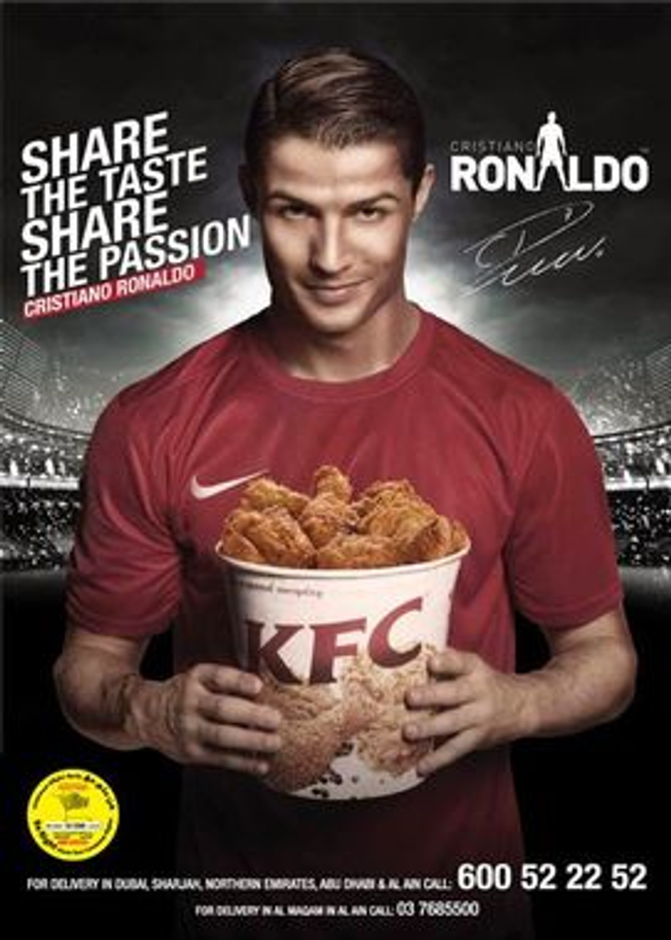 Cristiano Ronaldo in a football shirt holding a bucket of KFC fried chicken in a promotional advertisement encouraging fans to share the brand.