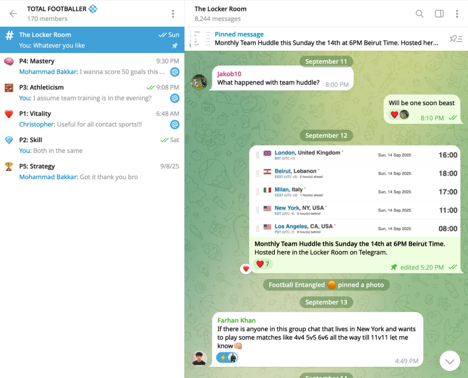 Screenshot of the Football Entangled Total Footballer Telegram Locker Room, showing pillar-based discussion channels, community conversations, monthly team huddles, and members connecting across different countries.