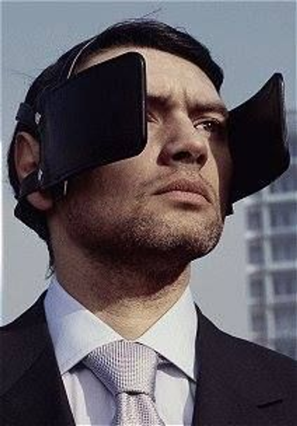 Humorous a businessman wearing horse blinders over his eyes, symbolizing tunnel vision, narrow thinking, and the inability to see alternative perspectives.