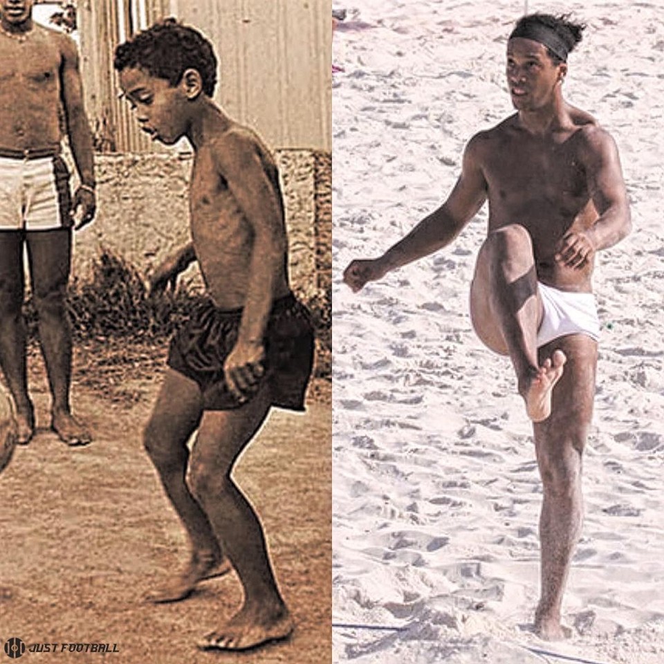 A side-by-side showing a young barefoot child playing football and the same athlete as an adult training barefoot on the beach, illustrating long-term natural athletic development.
