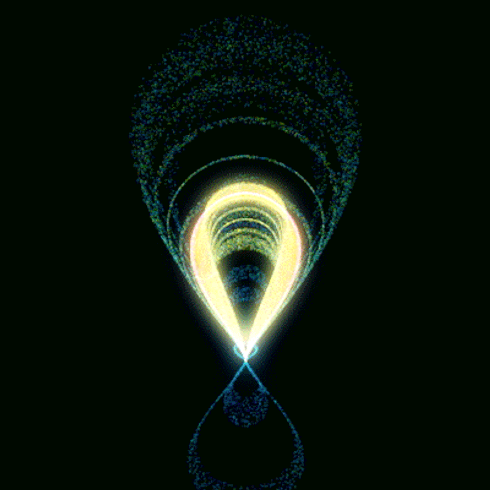 Abstract glowing geometric pattern resembling a teardrop or hourglass, formed by repeating arcs of light on a black background.