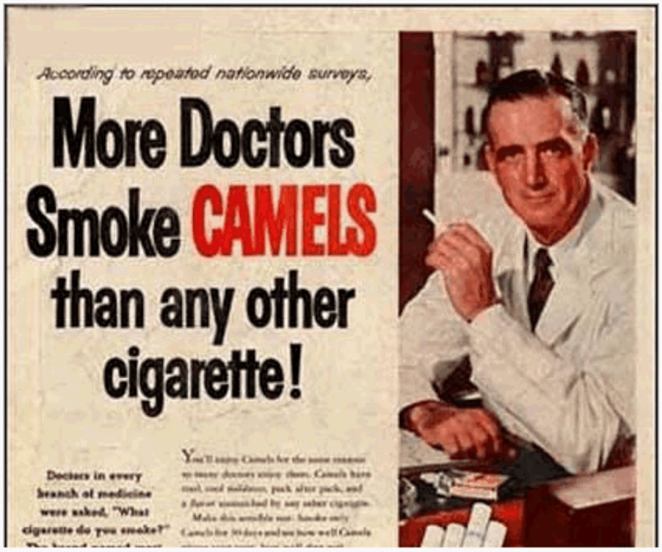 Vintage Camel cigarette advertisement featuring a doctor holding a cigarette with the headline claiming that more doctors smoke Camel cigarettes than any other brand, illustrating historical tobacco marketing.