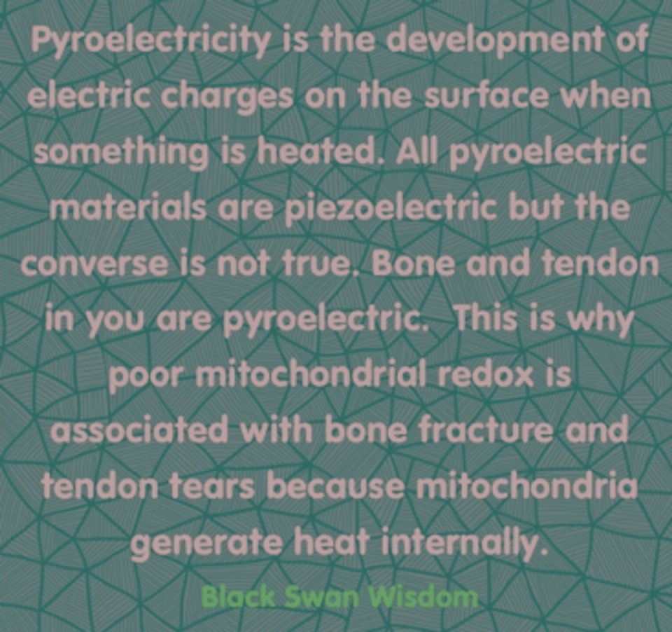 Graphic explaining pyroelectricity and its relationship to piezoelectricity, highlighting bone and tendon as pyroelectric tissues and their link to mitochondrial function.