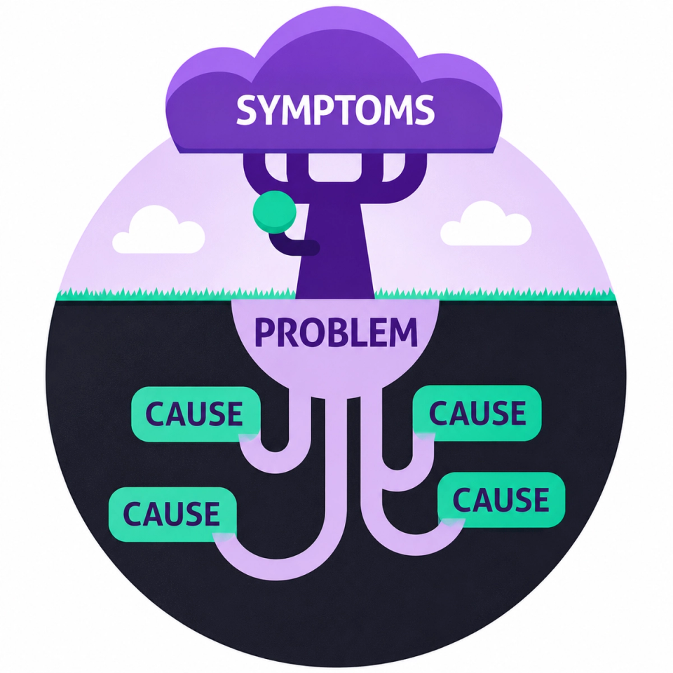Illustration of a tree showing visible symptoms above the ground while multiple hidden root causes lie beneath the surface, emphasizing root-cause problem solving.