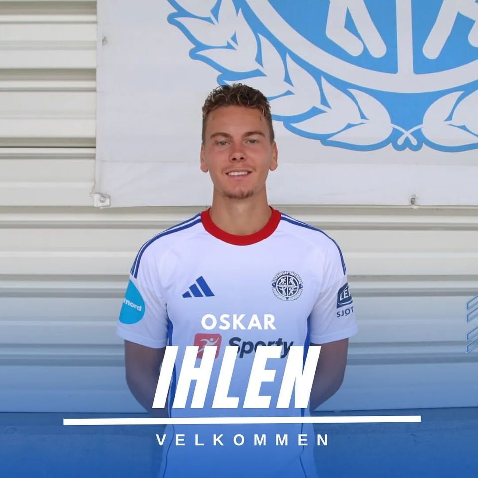 Professional footballer Oskar Ihlen poses in his new club's white home kit for an official welcome graphic after signing, with the club crest and "Welcome" message displayed behind him.