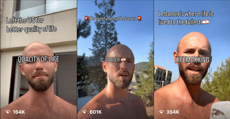 Screenshots of Taylor Davidson's viral social media videos about moving from California to Lebanon, sharing his lifestyle, experiences, and reasons for relocating, with millions of combined views.