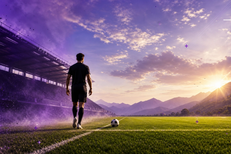 Confident footballer walking onto an open pitch toward a soccer ball at sunrise, reclaiming effortless athleticism.