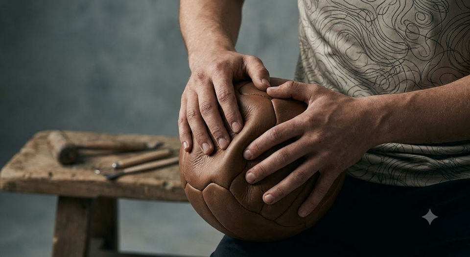 Hands carefully shaping a leather football, symbolizing how athletic development is molded over time through nature, environment, and training discussed in this article.