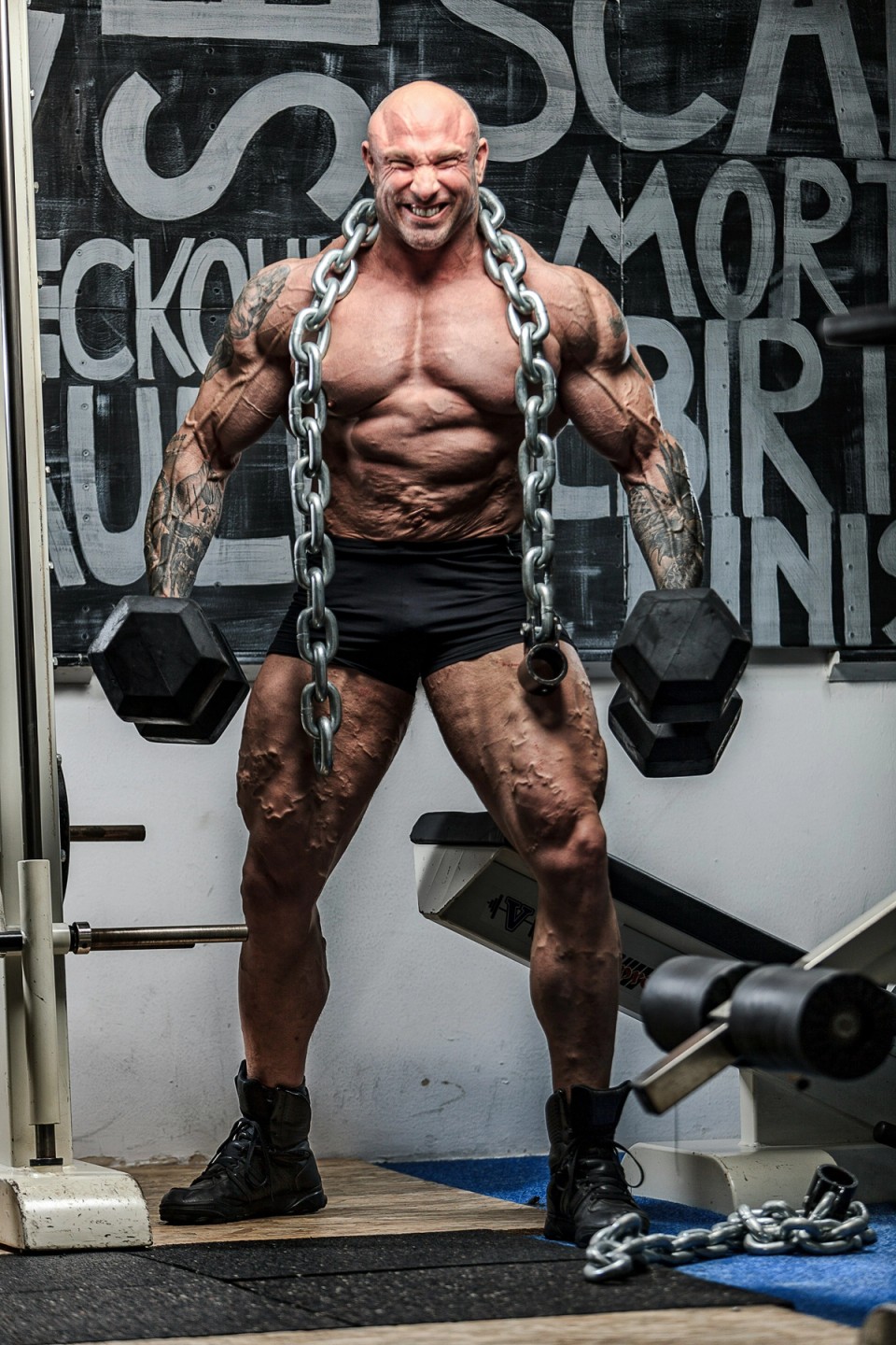 A heavily muscled bodybuilder performs a loaded farmer's carry with large dumbbells and heavy chains draped over his shoulders inside a gym, illustrating training focused on maximal muscle size and strength.