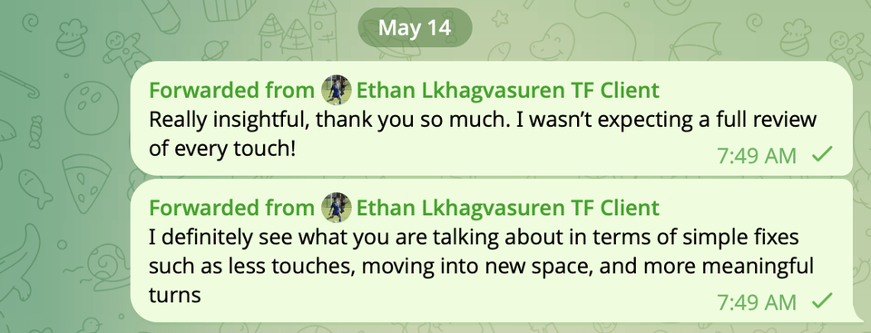 Screenshot of Football Entangled client feedback on WhatsApp praising a personalized tactical match analysis, highlighting detailed insights on every touch and practical improvements for decision-making.