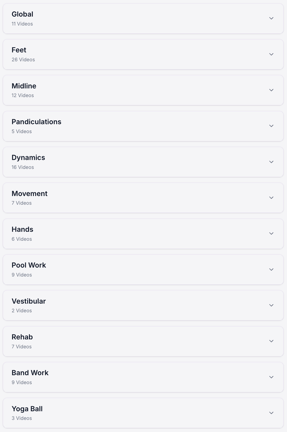 Football Entangled fascial training library showing exercise categories including feet, midline, dynamics, movement, rehab, pool work, band work, and more.