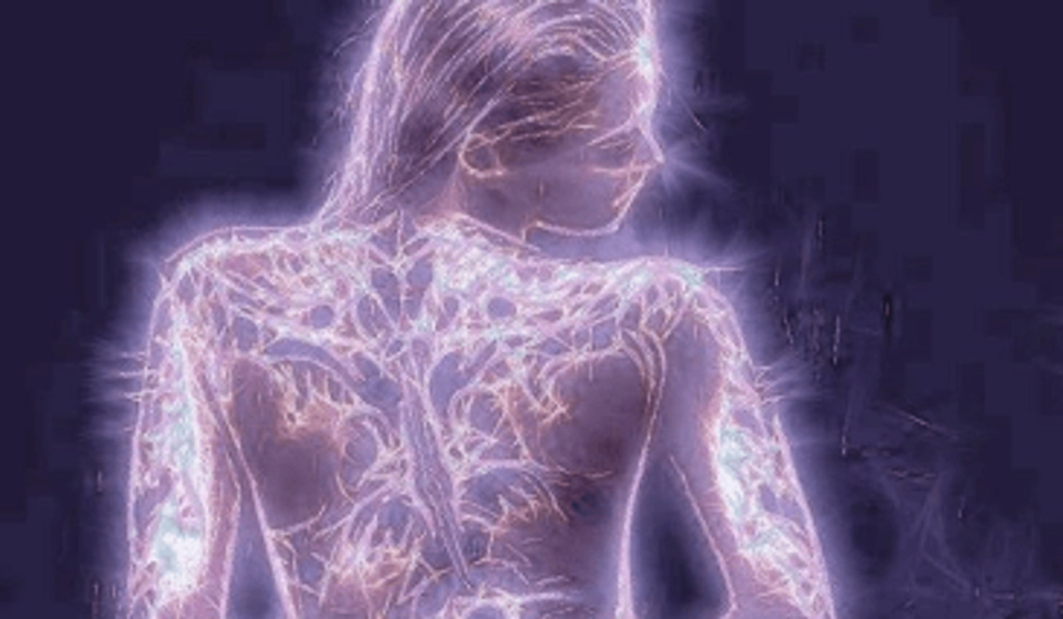 Artistic illustration of a human body surrounded by glowing energy pathways, representing the body's interconnected electrical and connective tissue networks.