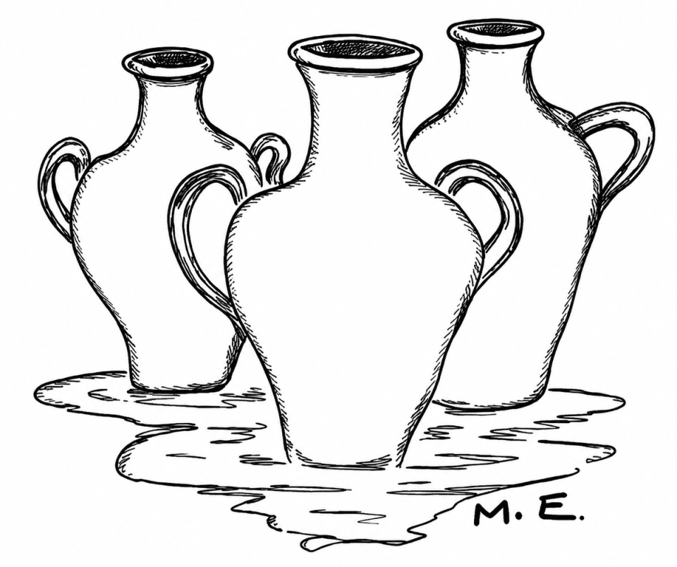 Optical illusion of three ceramic jugs arranged together, creating the impression of either three vessels or two human faces in profile.