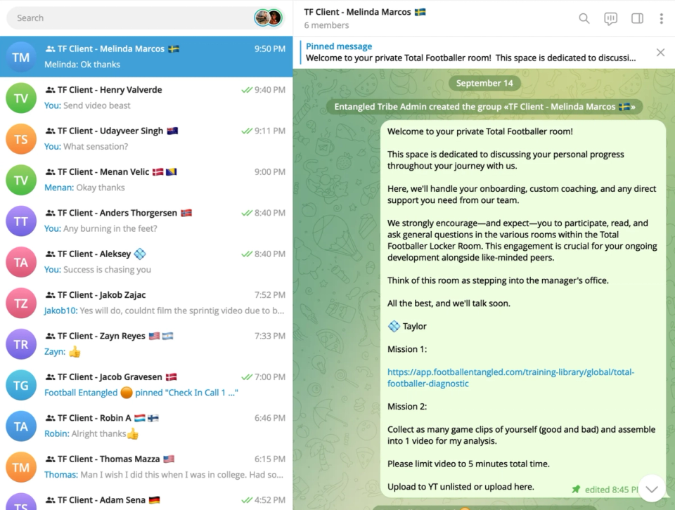 Screenshot of Football Entangled's private Total Footballer client rooms on Telegram, showing one-on-one coaching conversations, onboarding instructions, progress tracking, and personalized support.