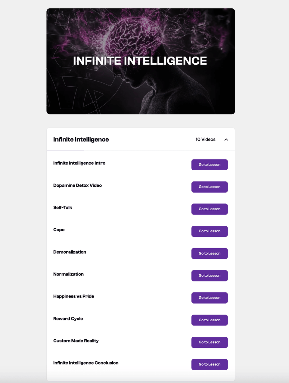 Screenshot of the Football Entangled Infinite Intelligence course dashboard featuring 10 lessons on mindset, psychology, and personal development, including topics like dopamine detox, self-talk, and reward cycles.