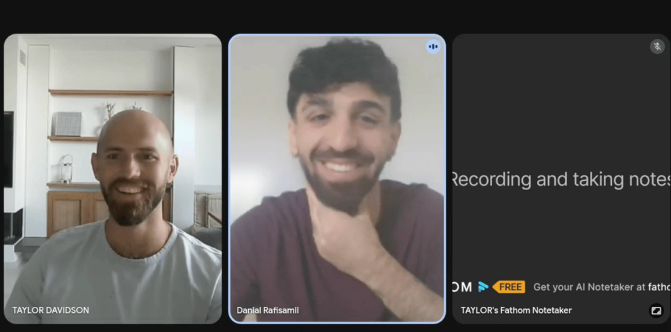 Screenshot of a Football Entangled client check-in video call between Taylor Davidson and a Total Footballer client, discussing progress, performance, and the next stage of development.