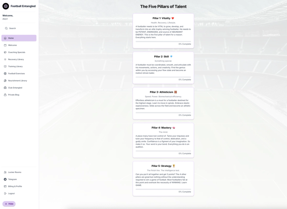 Screenshot of the Football Entangled web app homepage displaying the Five Pillars of Talent curriculum: Vitality, Skill, Athleticism, Mastery, and Strategy, with progress tracking for each pillar.