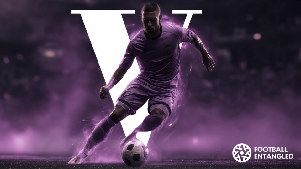 Purple Football Entangled graphic showing a footballer dribbling a ball surrounded by glowing energy, representing skill, movement, and elite football performance.