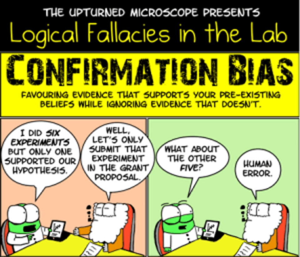 Infographic illustrating confirmation bias with a cartoon laboratory example, showing how people favor evidence that supports existing beliefs while dismissing conflicting evidence.