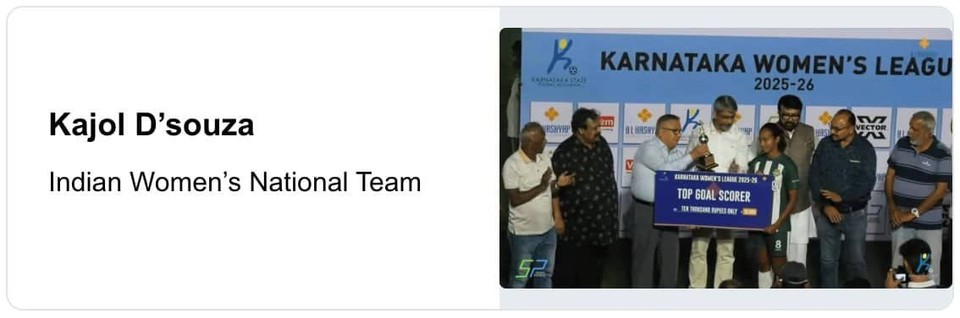 Kajol D'souza receives the Top Goal Scorer award during the Karnataka Women's League before signing with a club in Saudi Arabia.