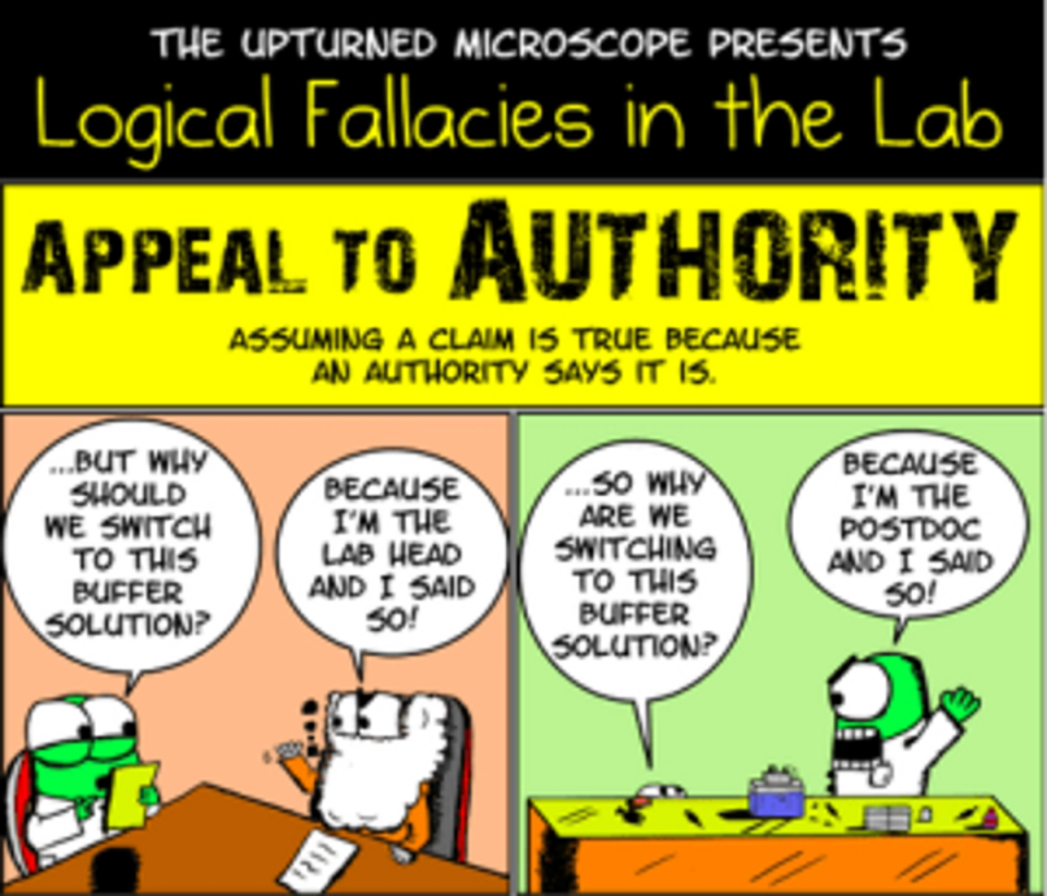 Infographic explaining the logical fallacy "Appeal to Authority," using a cartoon laboratory to show people accepting claims simply because they come from someone in a position of authority.