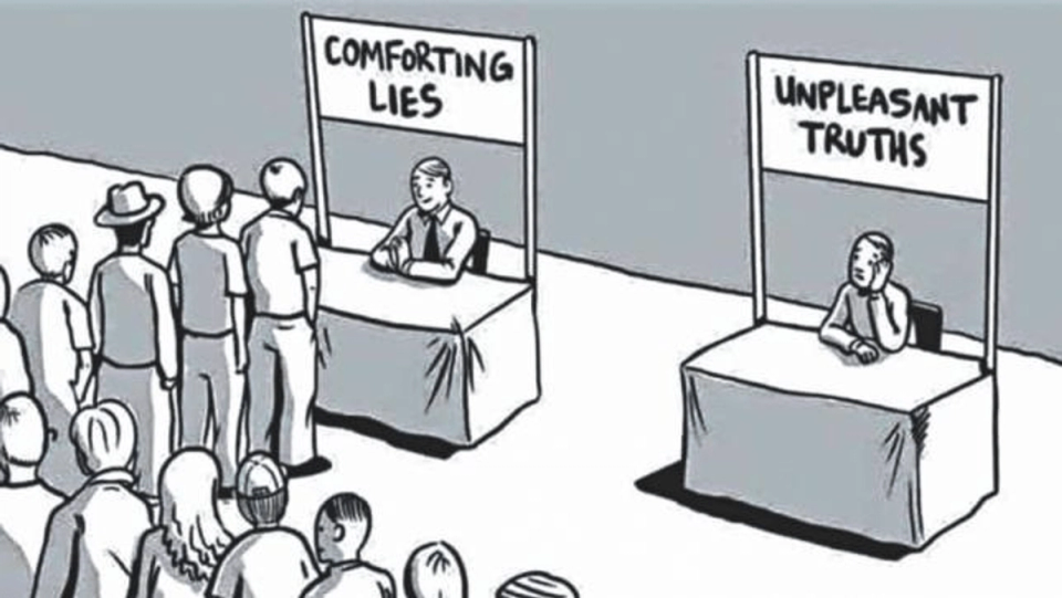 Black-and-white illustration comparing two booths: one labeled "Comforting Lies" with a long line of people waiting, and another labeled "Unpleasant Truths" sitting empty.
