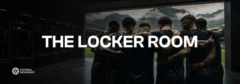 Football Entangled Locker Room graphic showing a group of footballers huddled together, representing the community, support, and shared development within Total Footballer 2.0.