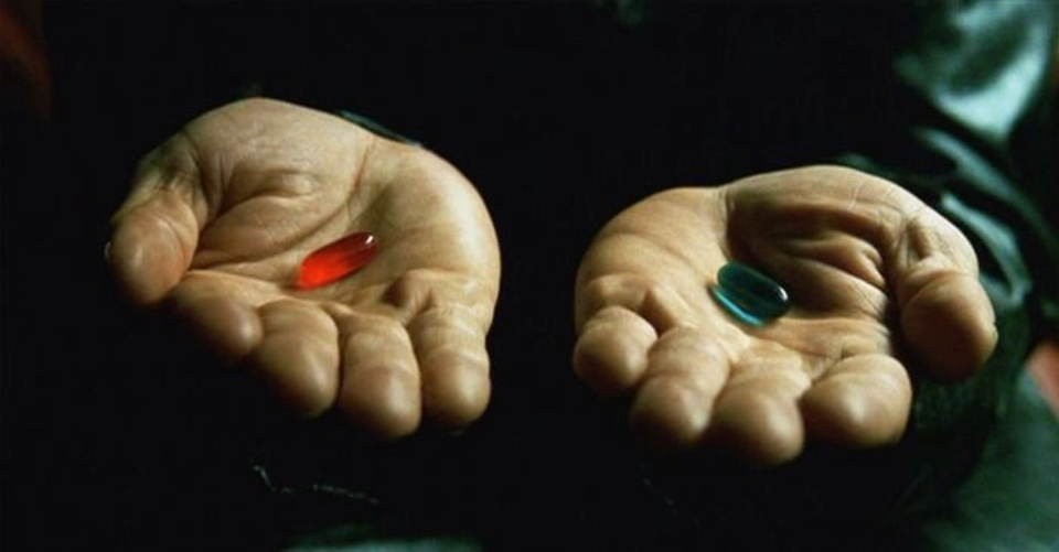 Two open hands holding a red pill and a blue pill against a dark background, symbolizing a choice between comfortable beliefs and difficult truths.