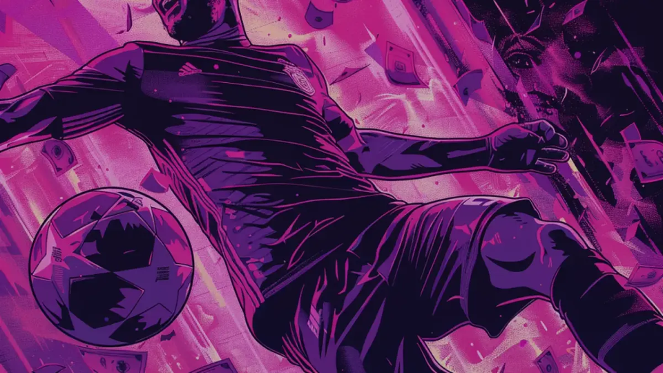 Purple and pink illustrated graphic of a footballer controlling a ball, surrounded by dynamic motion effects and floating money, representing football performance and ambition.