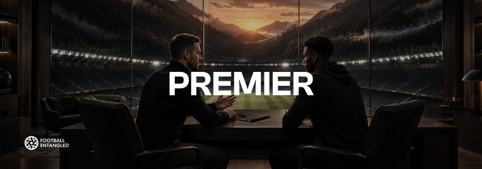 Total Footballer Premier graphic showing a coach and footballer in a private meeting overlooking a stadium, representing personalized coaching and career support.