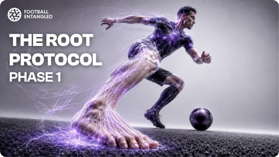 Football Entangled Phase 1 Root Protocol graphic showing a footballer sprinting with a highlighted fascial network extending through the body into the foot.