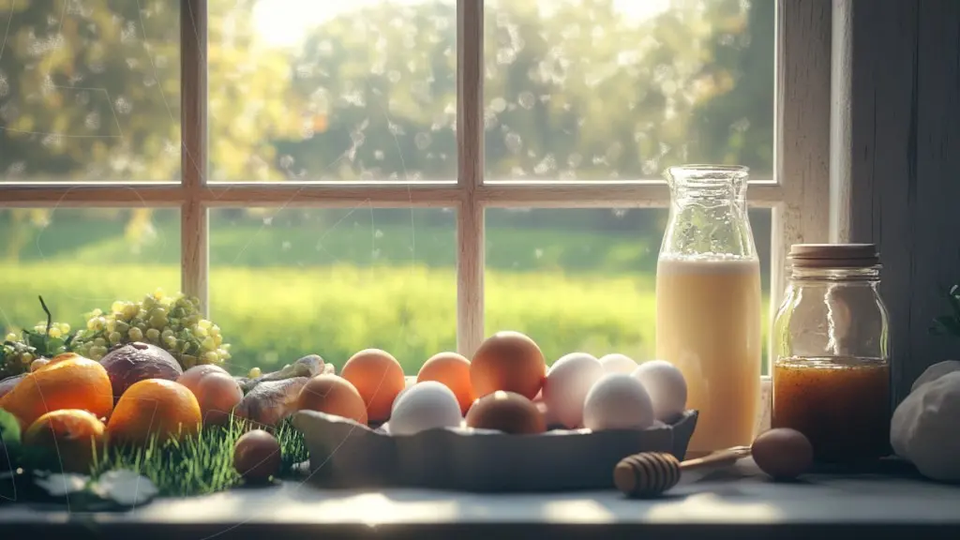 Fresh eggs, fruit, milk, honey, and other whole foods arranged by a sunlit window, representing natural nourishment and nutrition for football performance.