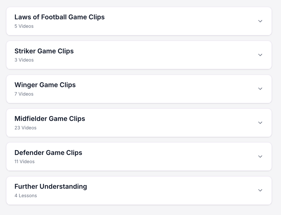 Football Entangled tactical analysis library organized by game clips for strikers, wingers, midfielders, defenders, and core laws of football.