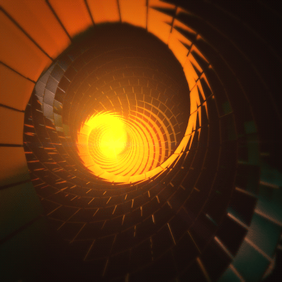 Abstract spiral of glowing orange light resembling a furnace or energy vortex, symbolizing the internal power and mitochondrial energy production within the human body.
