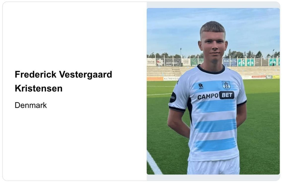 Frederick Vestergaard Kristensen poses in his club kit after returning to professional football with a new contract in Denmark.