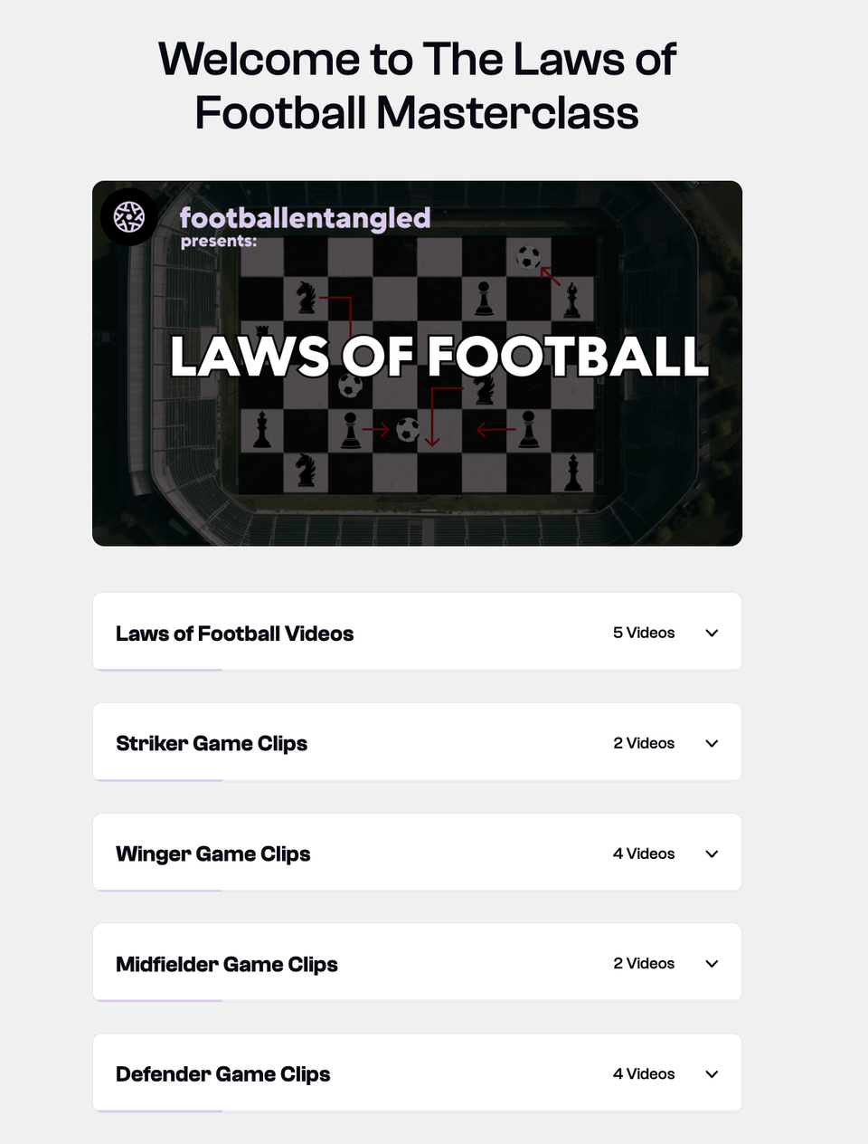 Screenshot of the Football Entangled Laws of Football Masterclass dashboard featuring educational videos and a growing database of position-specific tactical game analysis for strikers, wingers, midfielders, and defenders.