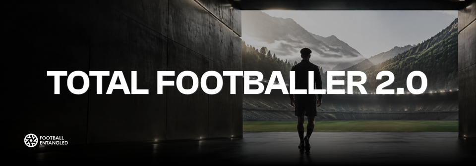 Total Footballer 2.0 graphic showing a footballer walking toward a stadium surrounded by mountains, representing the next era of Football Entangled player development.