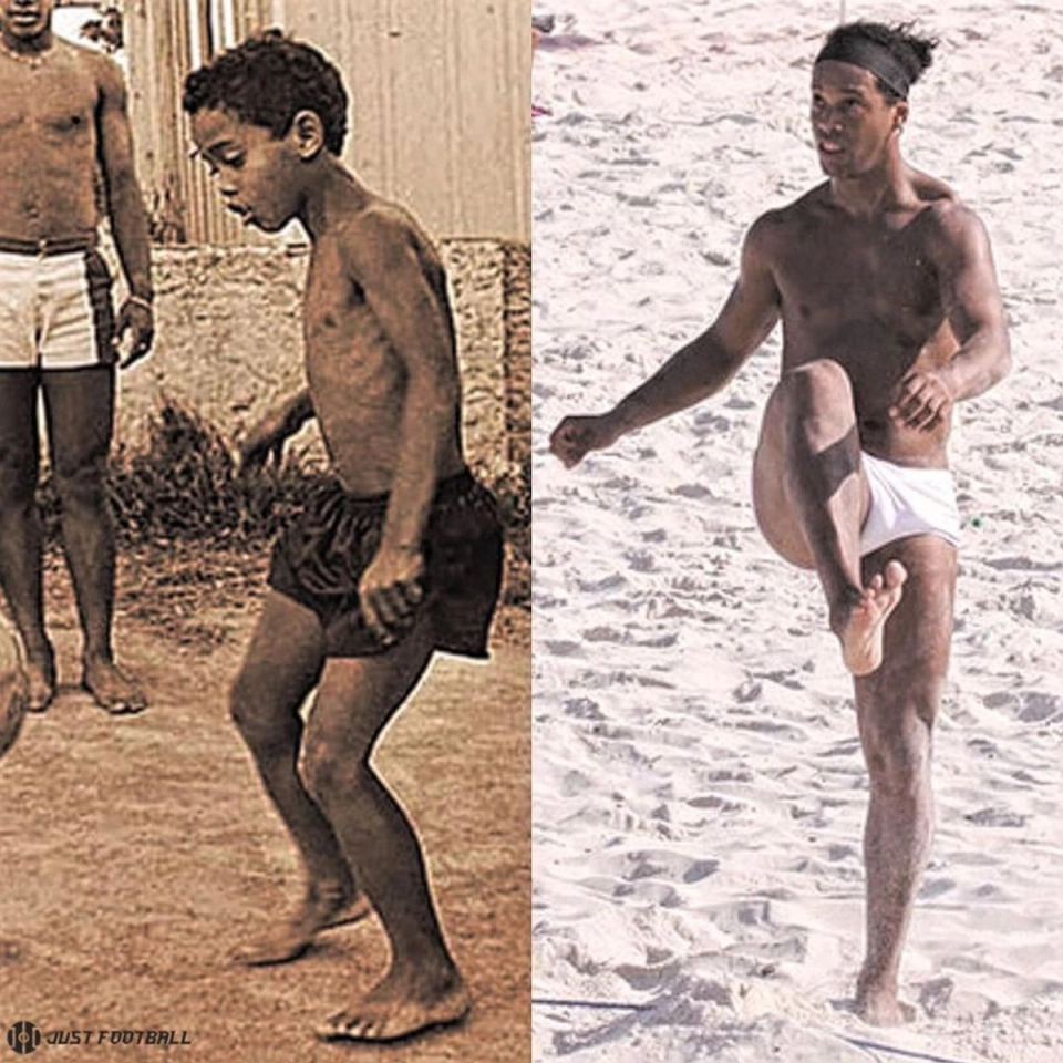 Side-by-side Ronaldinho as a barefoot child playing football and as an adult training barefoot on the sand.