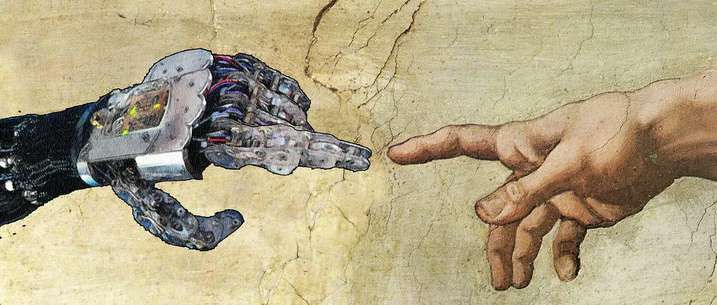A robotic hand reaches toward a human hand, echoing Michelangelo's The Creation of Adam.