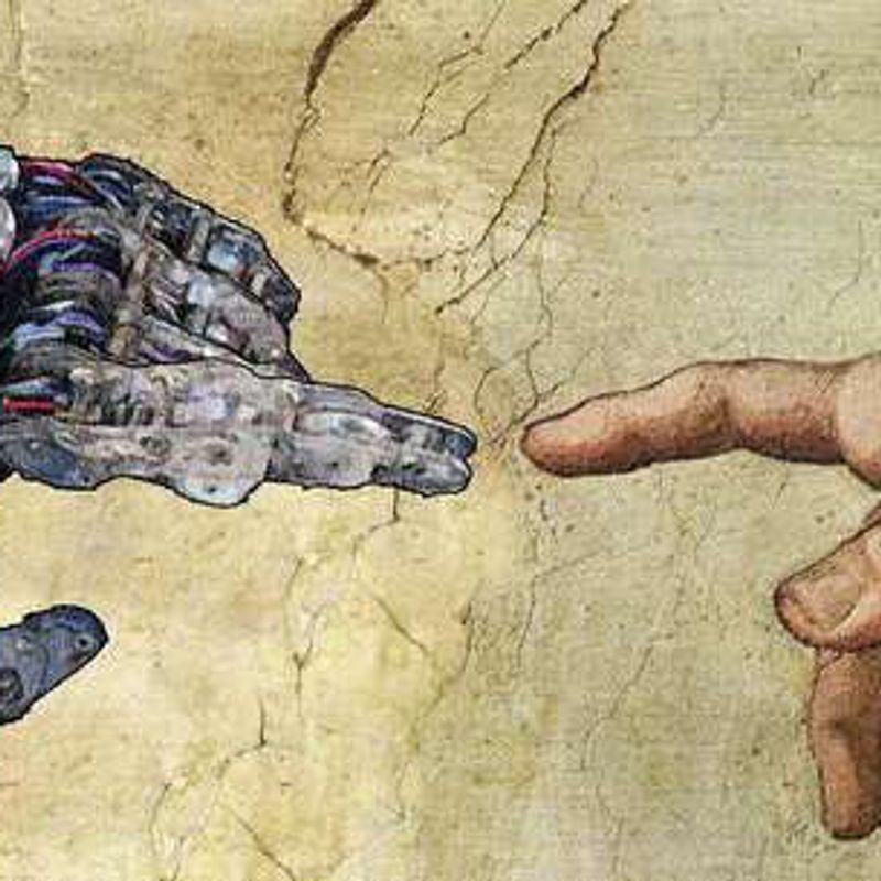 A robotic hand reaches toward a human hand, echoing Michelangelo's The Creation of Adam.