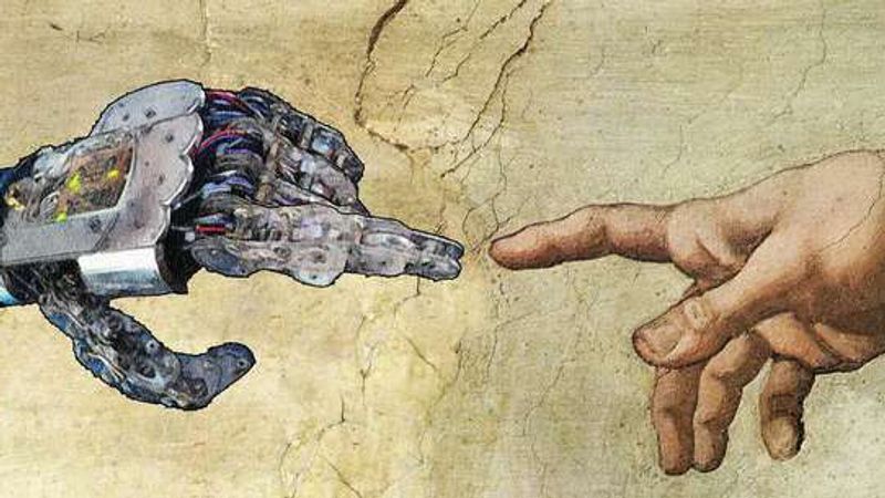 A robotic hand reaches toward a human hand, echoing Michelangelo's The Creation of Adam.