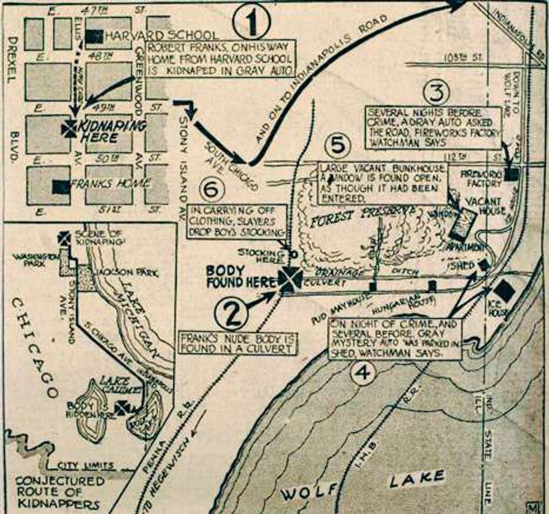 A hand-drawn 1924 newspaper map of south Chicago marking where Robert Franks was kidnapped, the route of the kidnappers and where his body was found.