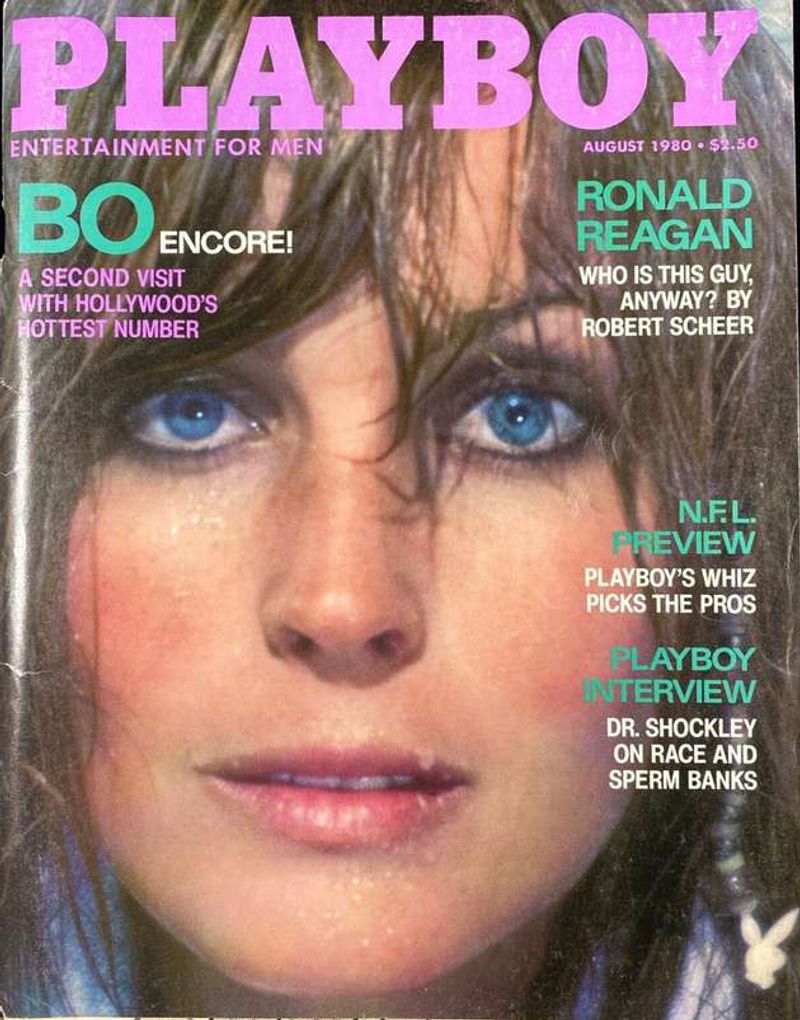 The August 1980 cover of Playboy magazine: a close-up of a woman's face, with a cover line announcing an interview with Dr. Shockley on race and sperm banks.
