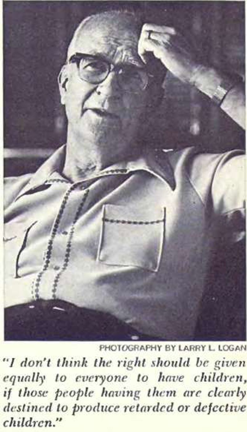 Black-and-white photo of William Shockley in glasses, a hand on his forehead, above a printed quote from his interview.