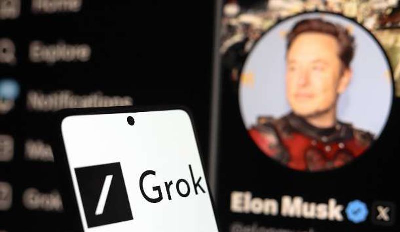 A phone showing the Grok logo in front of a screen displaying Elon Musk's X profile.