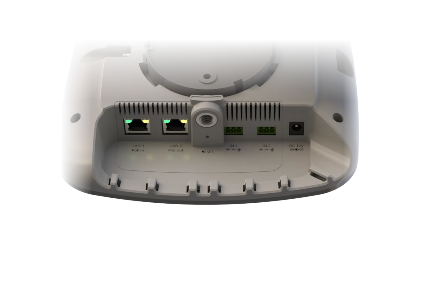 CASTER X analog model, rear connections: LAN 1 PoE in, LAN 2 PoE out, two balanced audio inputs and DC 12V
