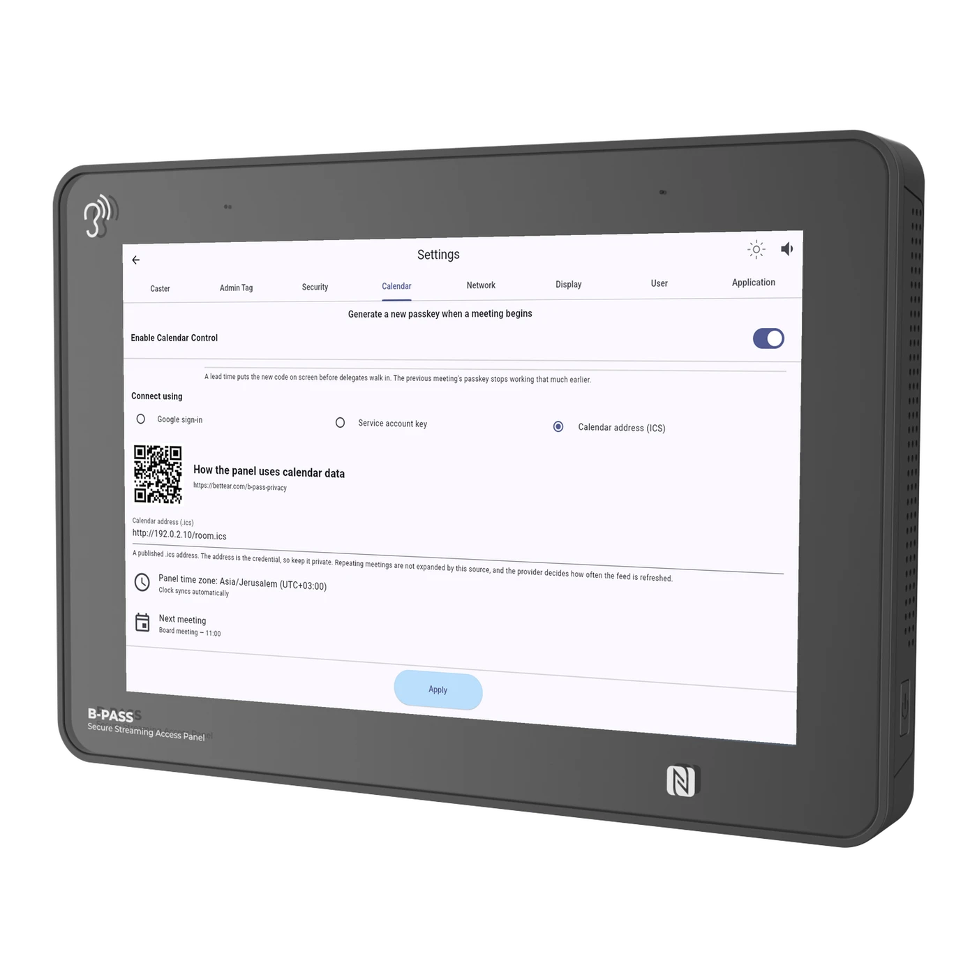 B-PASS Calendar settings with a connected room calendar and the next meeting