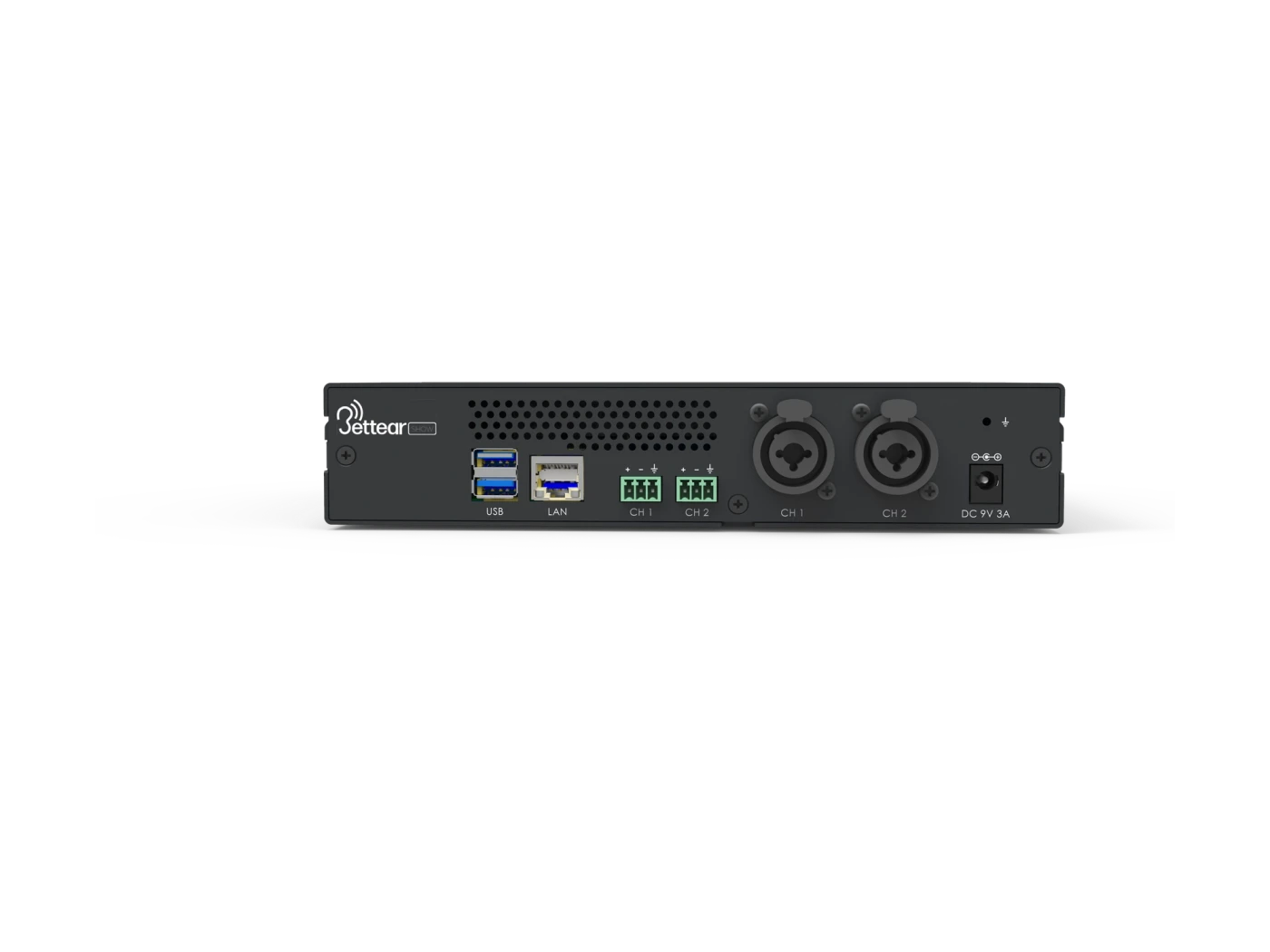 B-SHOW rear panel: USB, LAN, terminal block and combo inputs, DC in