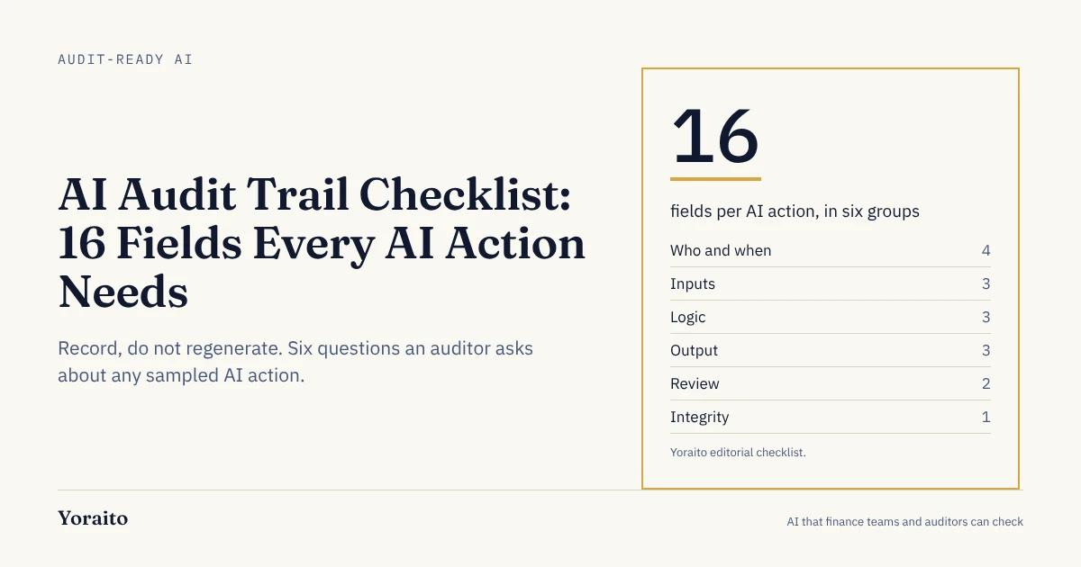 Cover image: cream background, headline "AI Audit Trail Checklist: 16 Fields Every AI Action Needs" and a gold-bordered card showing 16 fields split into six groups: who and when 4, inputs 3, logic 3, output 3, review 2, integrity 1