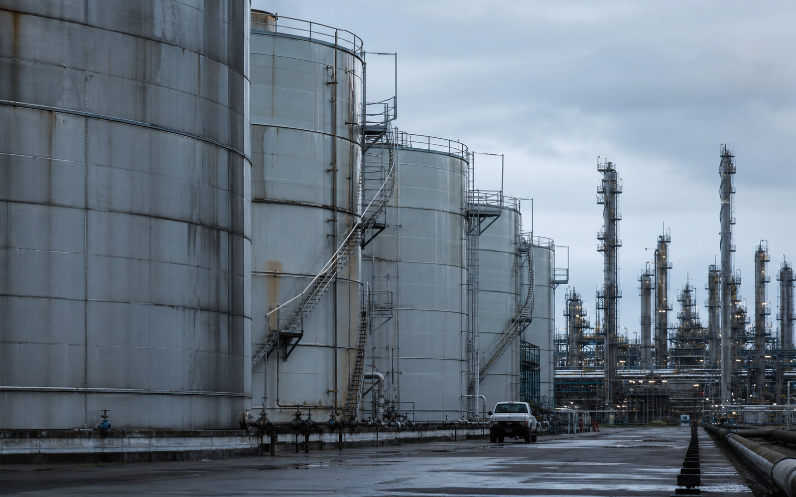 Rows of aboveground storage tanks at a refinery